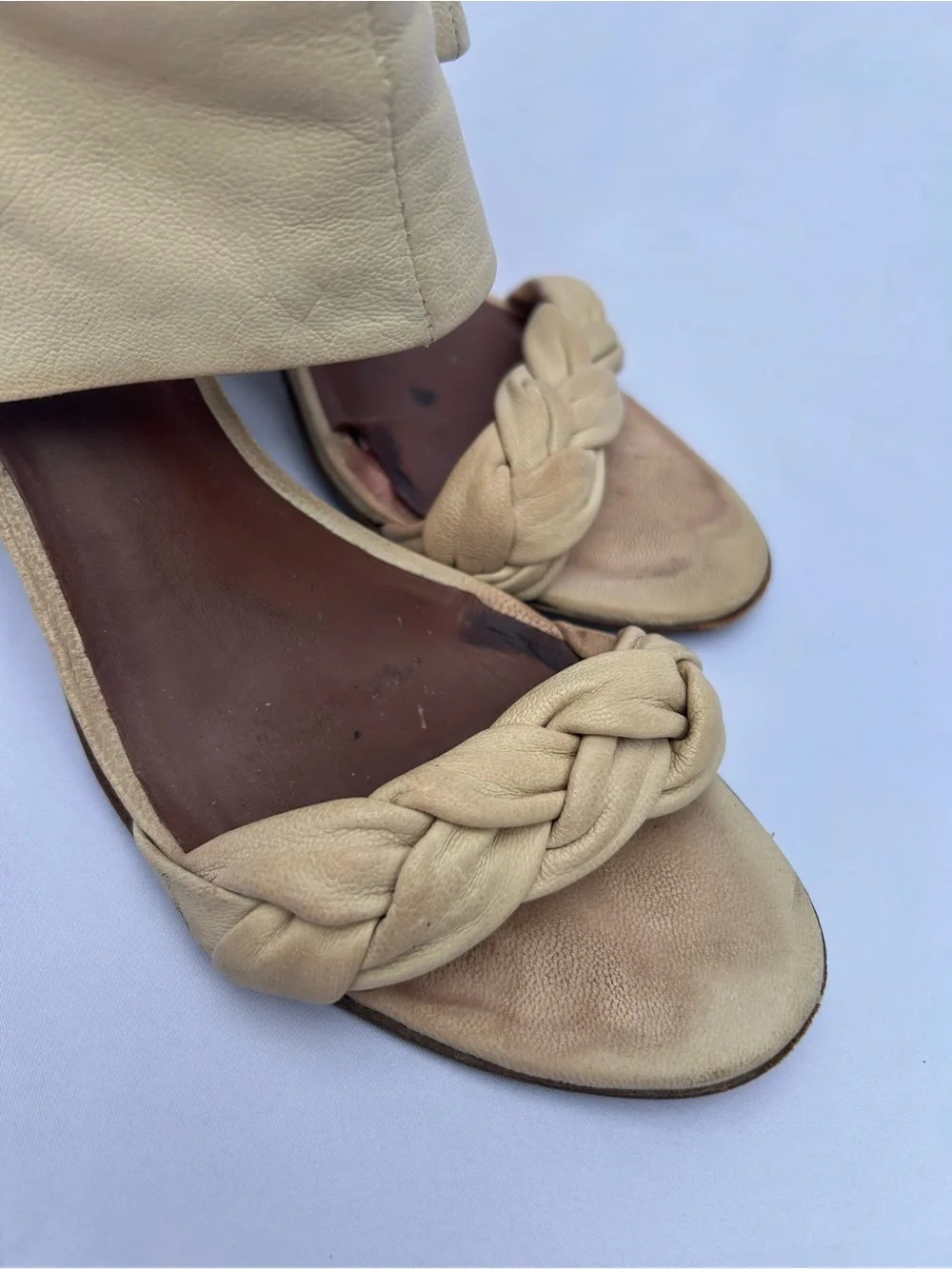 Elizabeth and James Cream Braided Open-Toe Block Heel Sandals